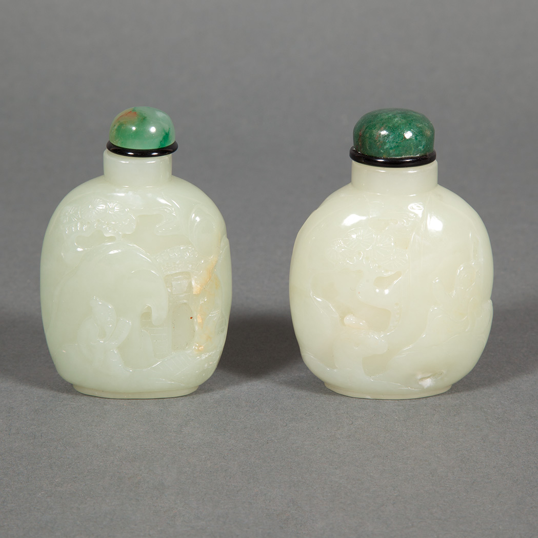 Appraisal: Two Chinese Celadon Jade Snuff Bottles Height of taller inches