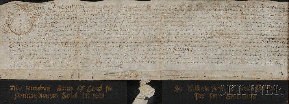 Appraisal: Penn William - Signed Land Deed September Single parchment sheet