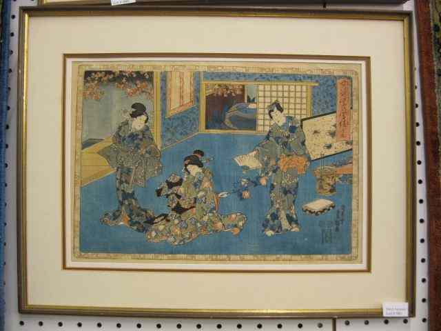 Appraisal: Japanese Woodblock Print interior scene signed image area '' x