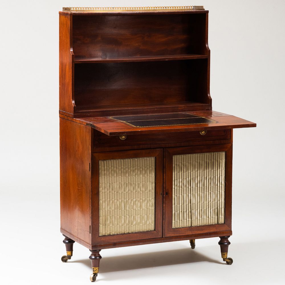 Appraisal: Regency Inlaid Mahogany Chiffonnier Writing Desk The upper section fitted