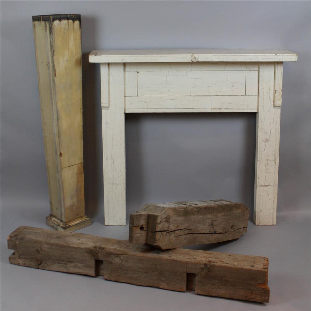 Appraisal: PRIMITIVE PAINTED FIREPLACE MANTEL WOODEN COLUMN AND TWO BARN BEAMS