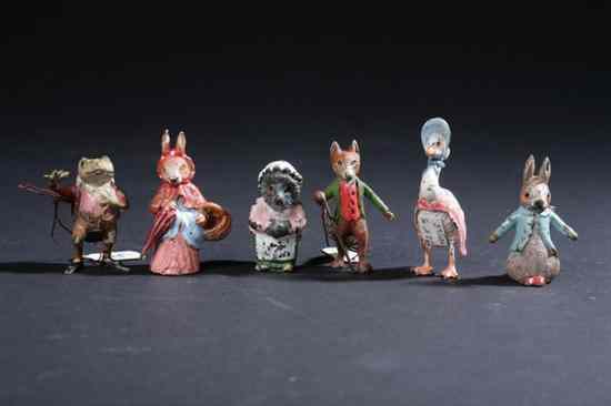 Appraisal: SIX MINIATURE COLD-PAINTED BRONZE FIGURES FROM BEATRIX POTTER'S PETER RABBIT