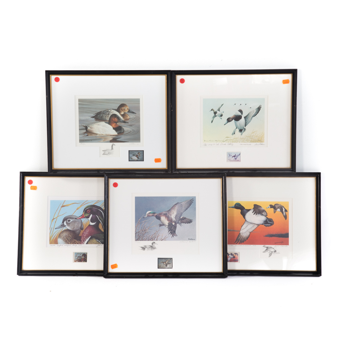 Appraisal: Group of five framed duck prints with stamps artists include