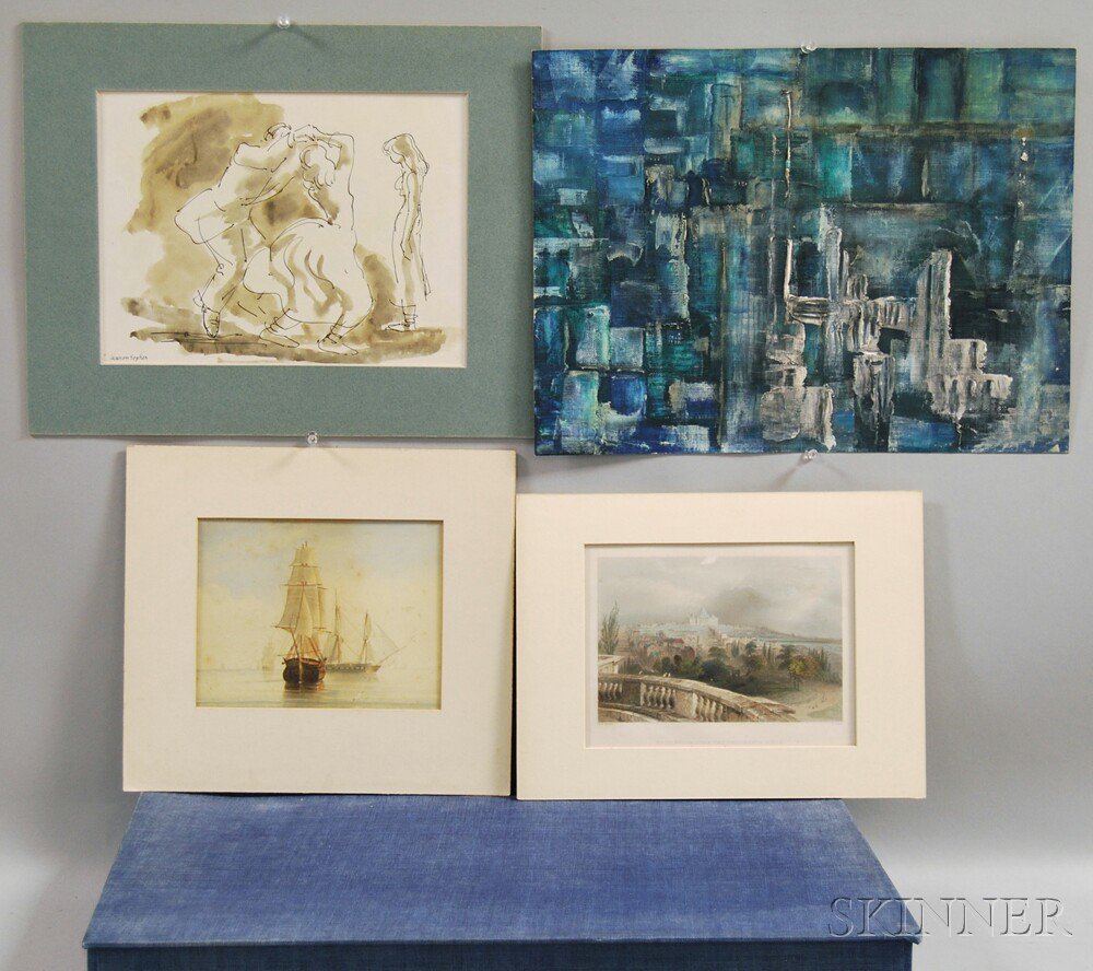 Appraisal: Group of Unframed Works on Paper including ship watercolors one