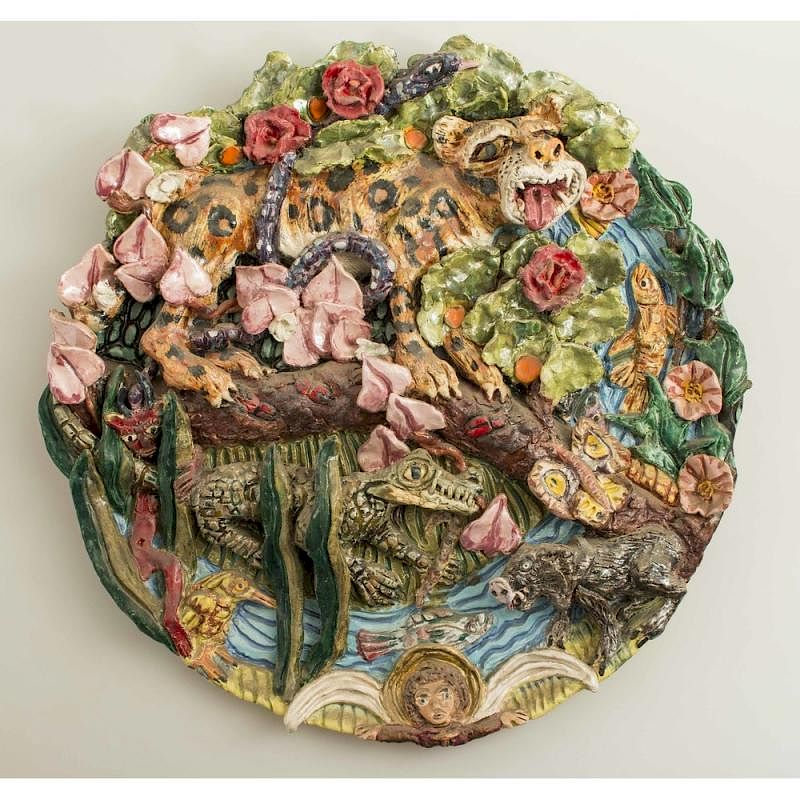 Appraisal: Maria Aguilar Ceramic Plaque Animal Kingdom Maria Aguilar round ceramic