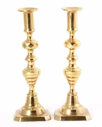 Appraisal: Pair English brass push-up candlesticks th century beehive pattern on