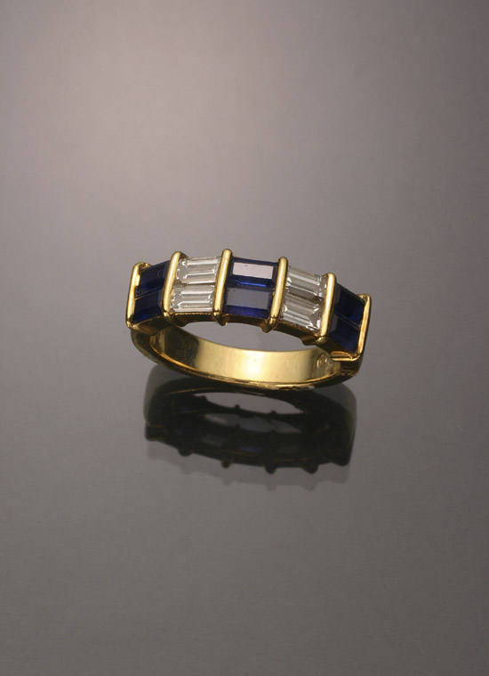 Appraisal: -Karat Yellow-Gold Diamond and Blue Sapphire Ring Set with four