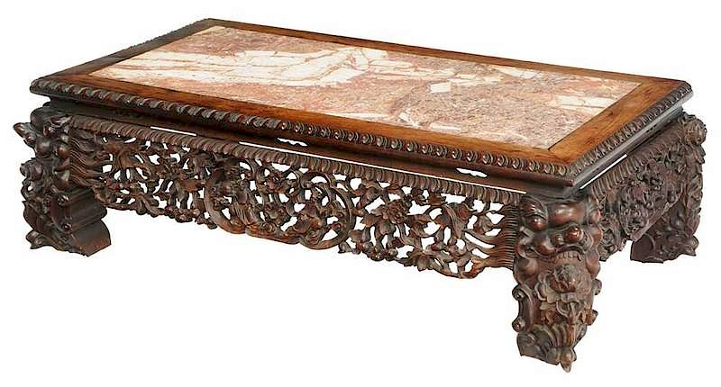 Appraisal: Chinese Carved Hardwood Marble Inset Low Table late Qing dynasty