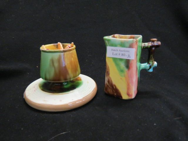 Appraisal: pcs Majolica Pottery match striker a creamer colorful glaze