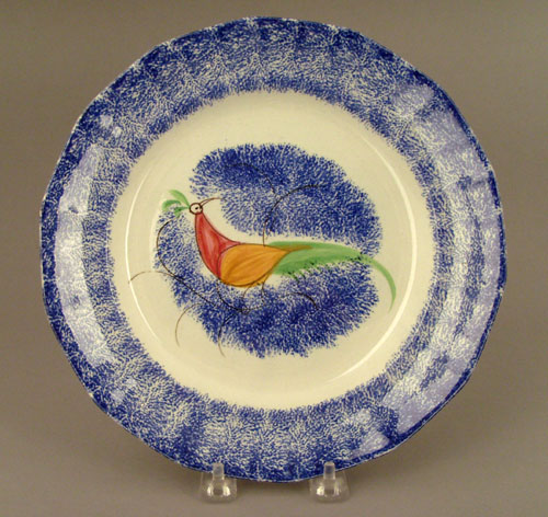 Appraisal: Blue spatter plate th c with peafowl dia