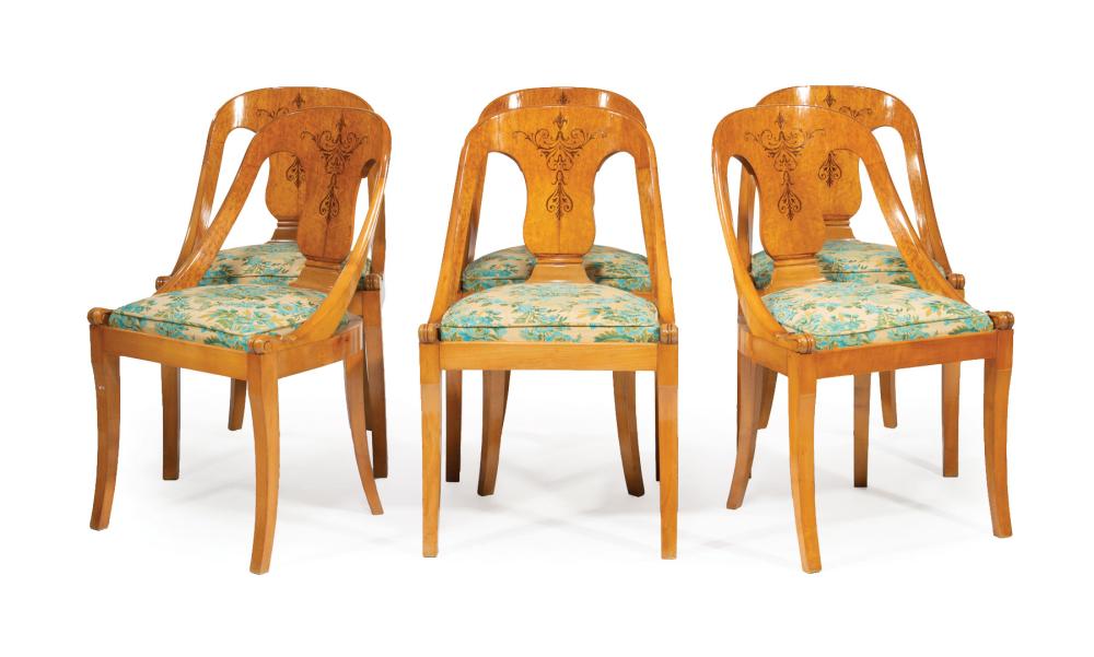 Appraisal: Six Restauration-Style Inlaid Maple Gondola Chairs vasiform splat birdseye maple