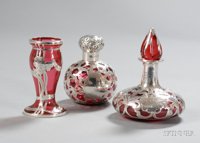 Appraisal: Two Silver Overlay Colognes and a Vase Glass and metal