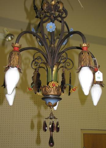 Appraisal: Hanging cast metal light fixture with enamel flowers colored glass