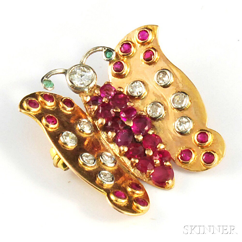 Appraisal: Retro kt Gold Ruby and Diamond Butterfly Brooch c s