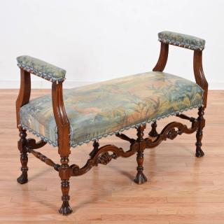 Appraisal: Flemish Baroque style bench with nicely painted canvas seat th