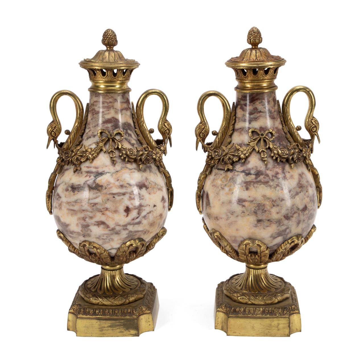 Appraisal: PAIR ROUGE MARBLE BRASS CASSOLETTES Pair of Louis XVI style