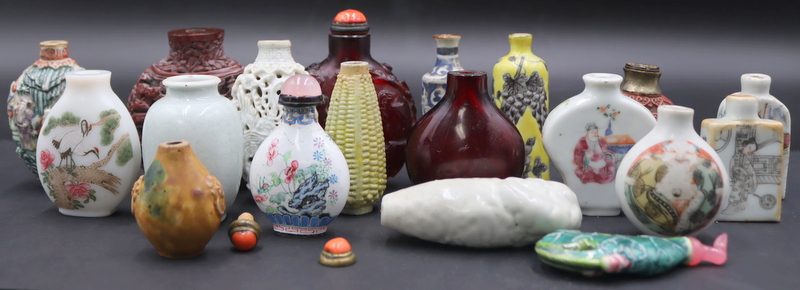 Appraisal: ASSORTED CHINESE SNUFF BOTTLES Includes Cinnabar style snuff bottles a