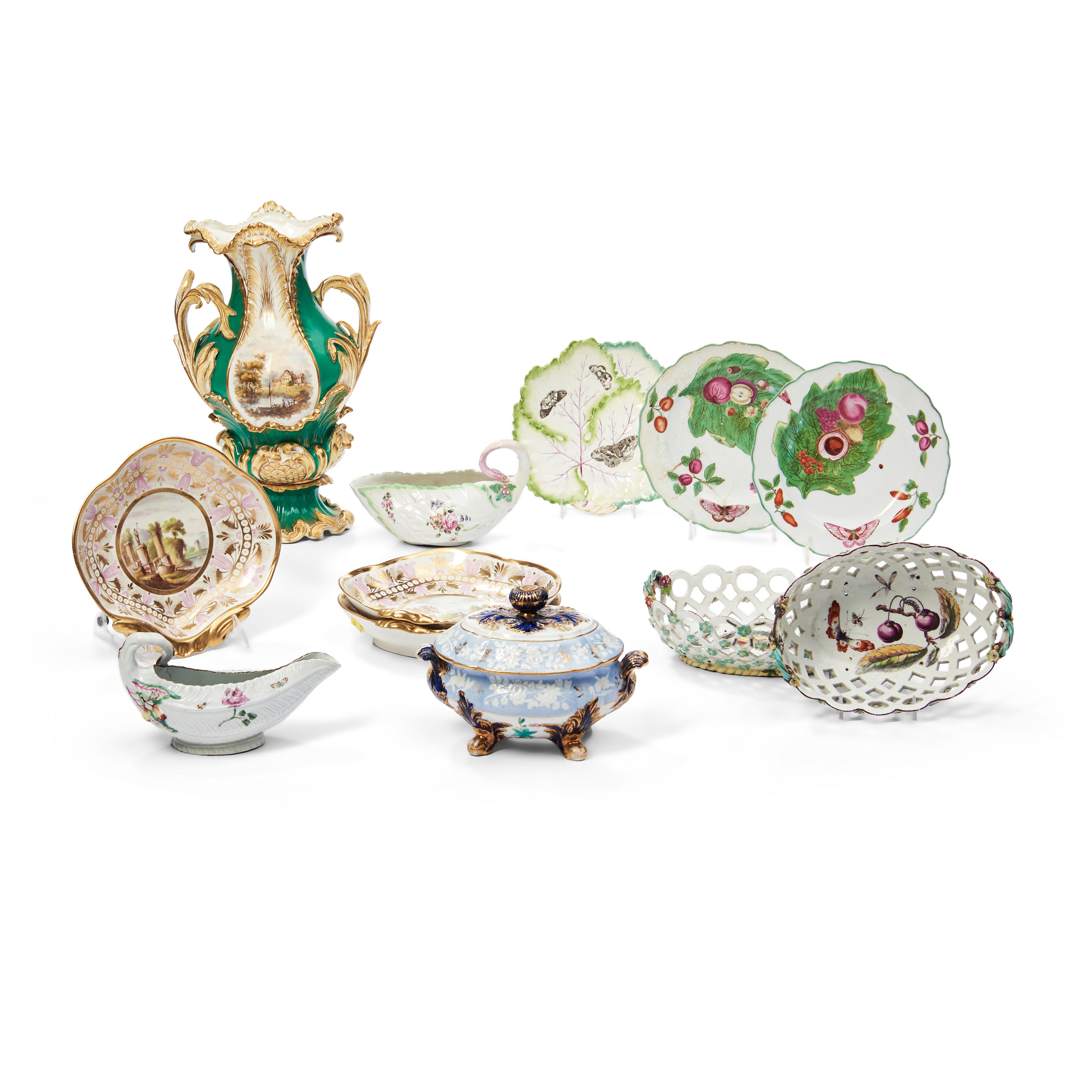 Appraisal: TWELVE ENGLISH PORCELAIN ITEMS including a green-glazed and gilt-decorated vase