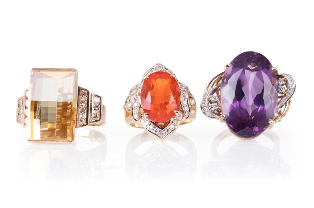 Appraisal: Three Yellow Gold Cocktail Rings incl topaz amethyst and fire