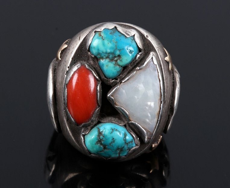 Appraisal: Navajo Heavy Sterling Gold Multi Stone Eagle Ring Included in