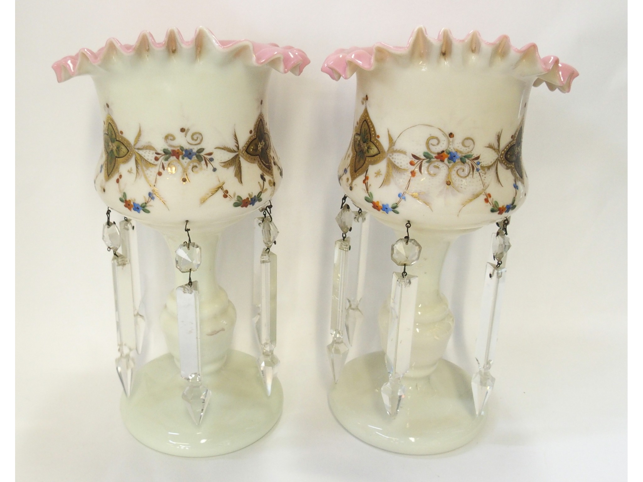 Appraisal: Pair of opaque glass and enamelled footed bowls hung with