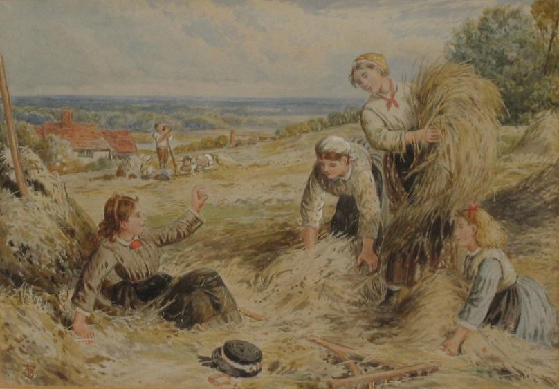 Appraisal: AFTER BIRKET FOSTER Girls in a Hayfield monogrammed FB watercolour