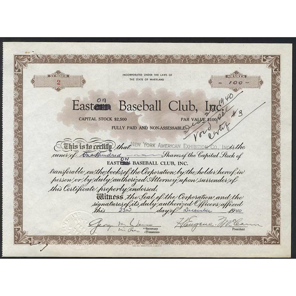 Appraisal: George M Weiss Signed Easton Baseball Club Stock Certificate Number