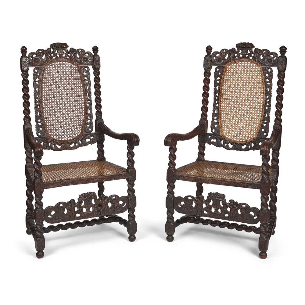 Appraisal: PAIR OF WILLIAM AND MARY WALNUT ARMCHAIRS TH CENTURY the