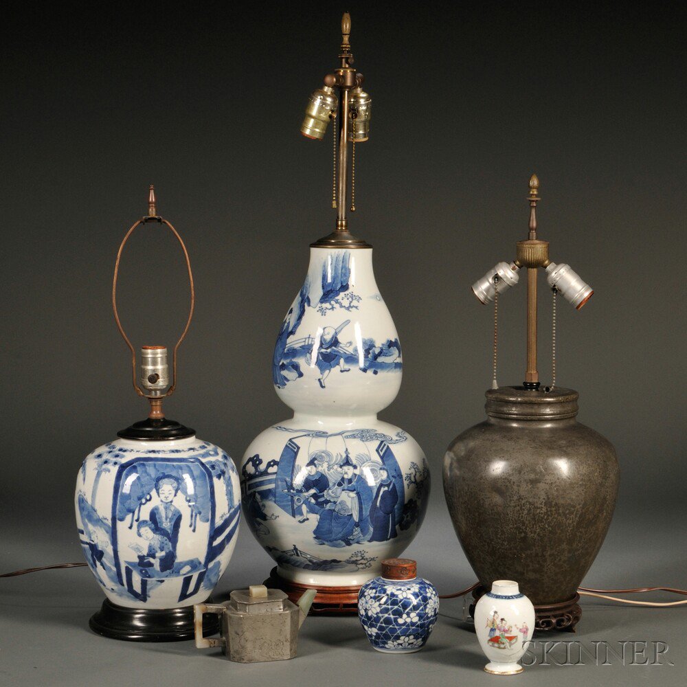 Appraisal: Six Items Asia a paktong lamp base ht a blue