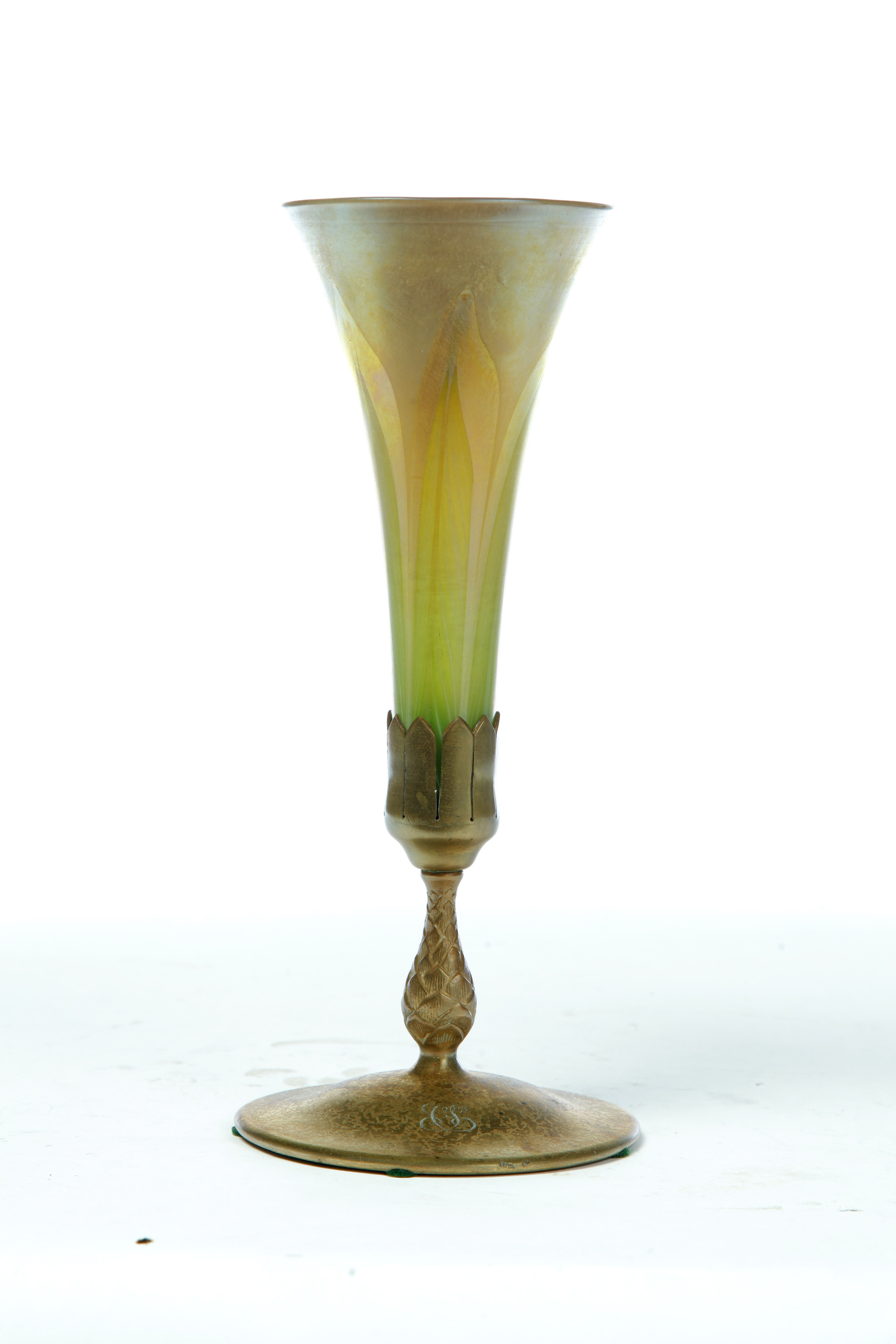 Appraisal: TIFFANY FAVRILLE TRUMPET VASE IN BRONZE DORE BASE American ca