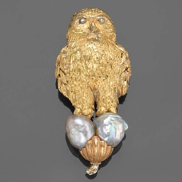 Appraisal: A grey baroque pearl diamond and k gold owl brooch