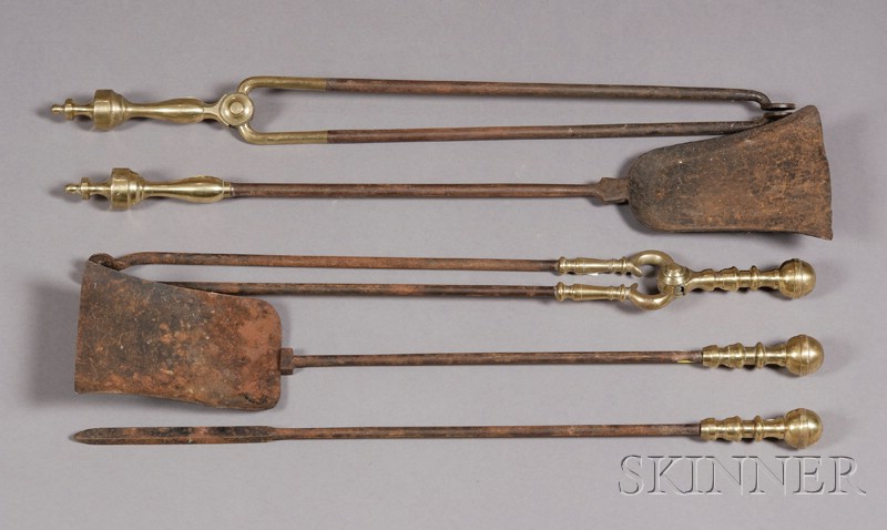 Appraisal: Two Sets of Brass and Iron Fire Tools America early