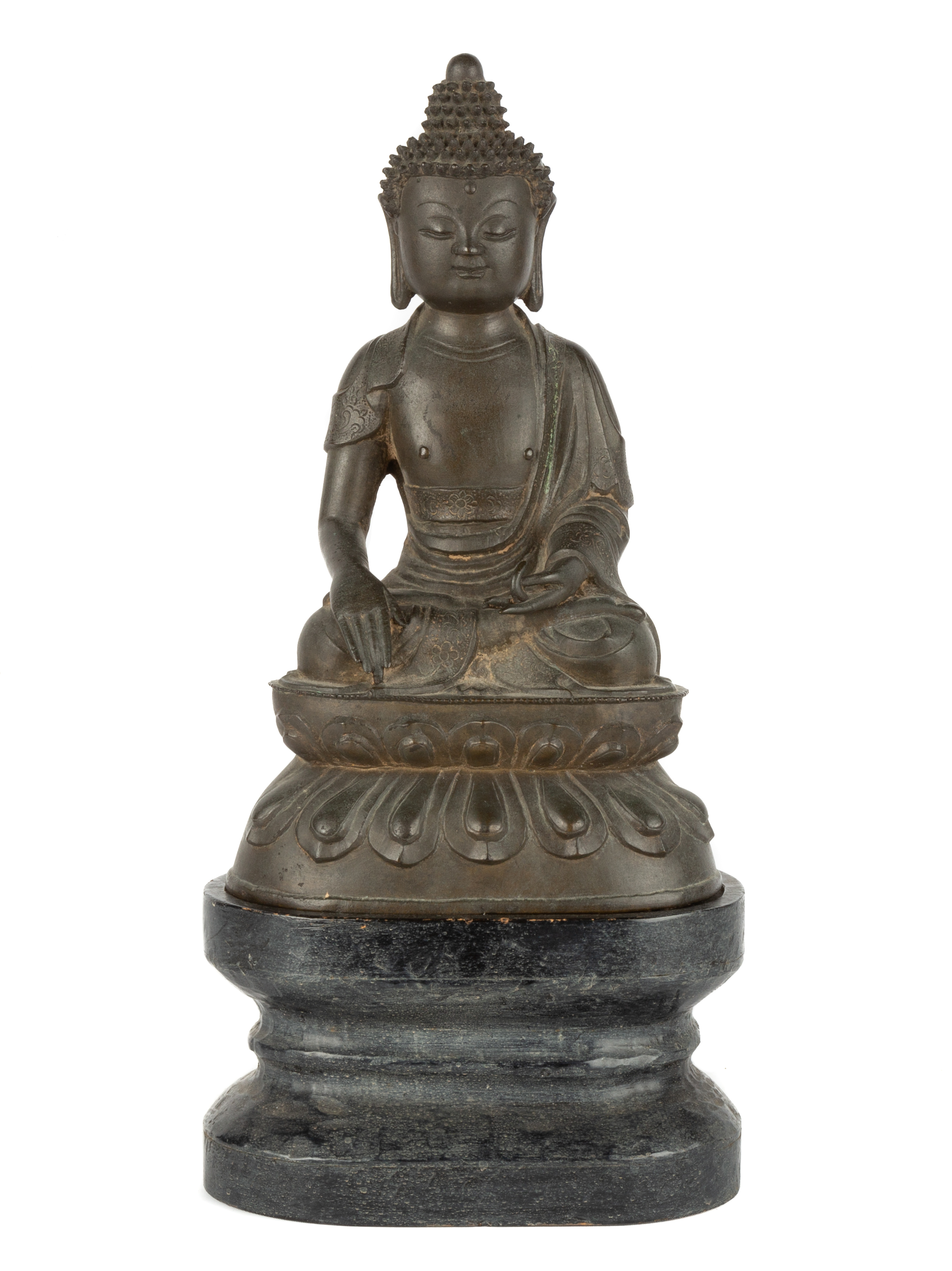 Appraisal: CHINESE SEATED BUDDHA Bronze metal alloy on a carved wooden