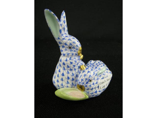 Appraisal: Herend Porcelain Figurine of Two Bunny Rabbits blue fishnet decor