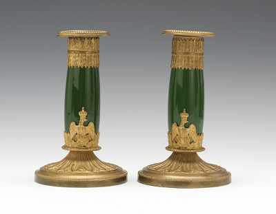 Appraisal: A Pair of Empire Ormolu and Porcelain Candle Holders Gilt