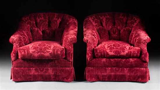 Appraisal: Pair of contemporary barrel-back button-upholstered occasional chairs cut velvet upholstered