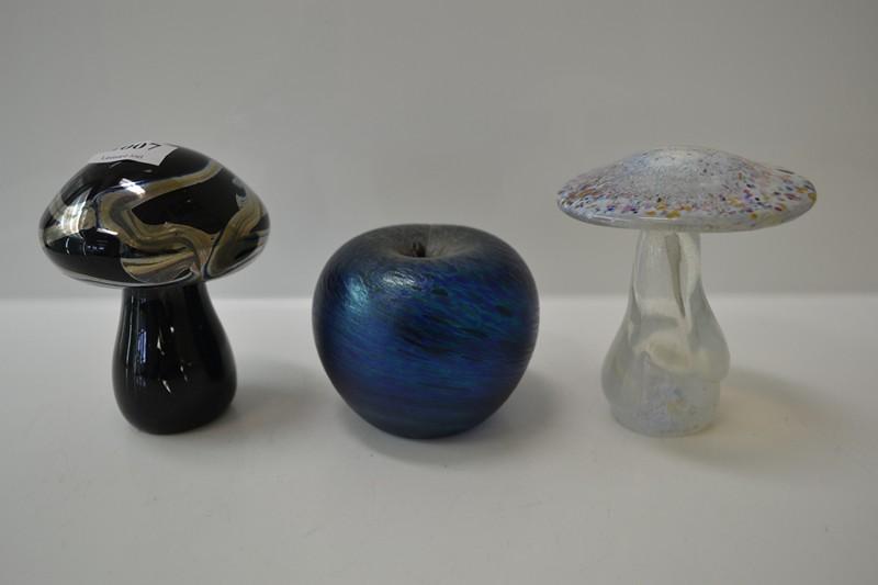 Appraisal: ART GLASS MURANO BLACK MUSHROOM MULTI-COLOURED MUSHROOM AND APPLE PAPERWEIGHTS