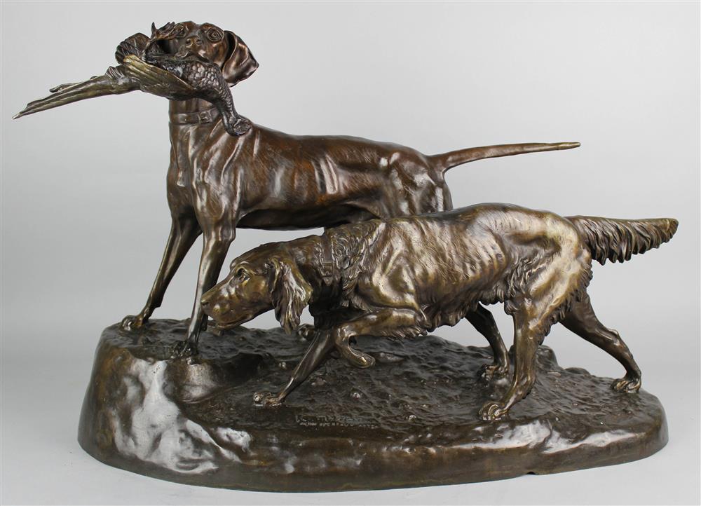 Appraisal: LARGE FRENCH BRONZE GROUP OF TWO HUNTING DOGS RETRIEVING A