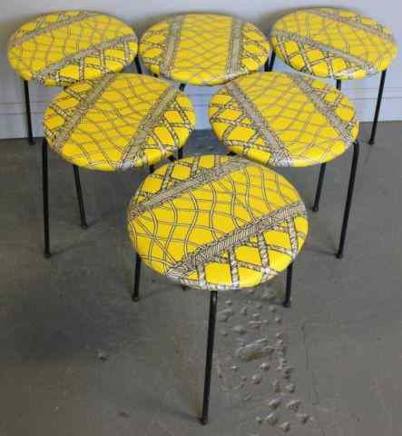 Appraisal: Midcentury Wrought Iron Stools with Gucci StyleUpholstery Circa 's From