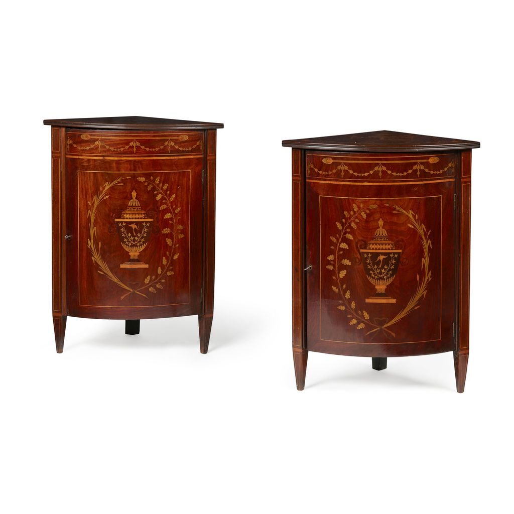 Appraisal: PAIR OF GEORGE III MAHOGANY AND MARQUETRY CORNER CABINETS LATE