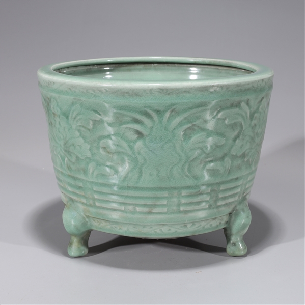 Appraisal: Chinese celadon glazed Ming style molded tripod censer with foliate