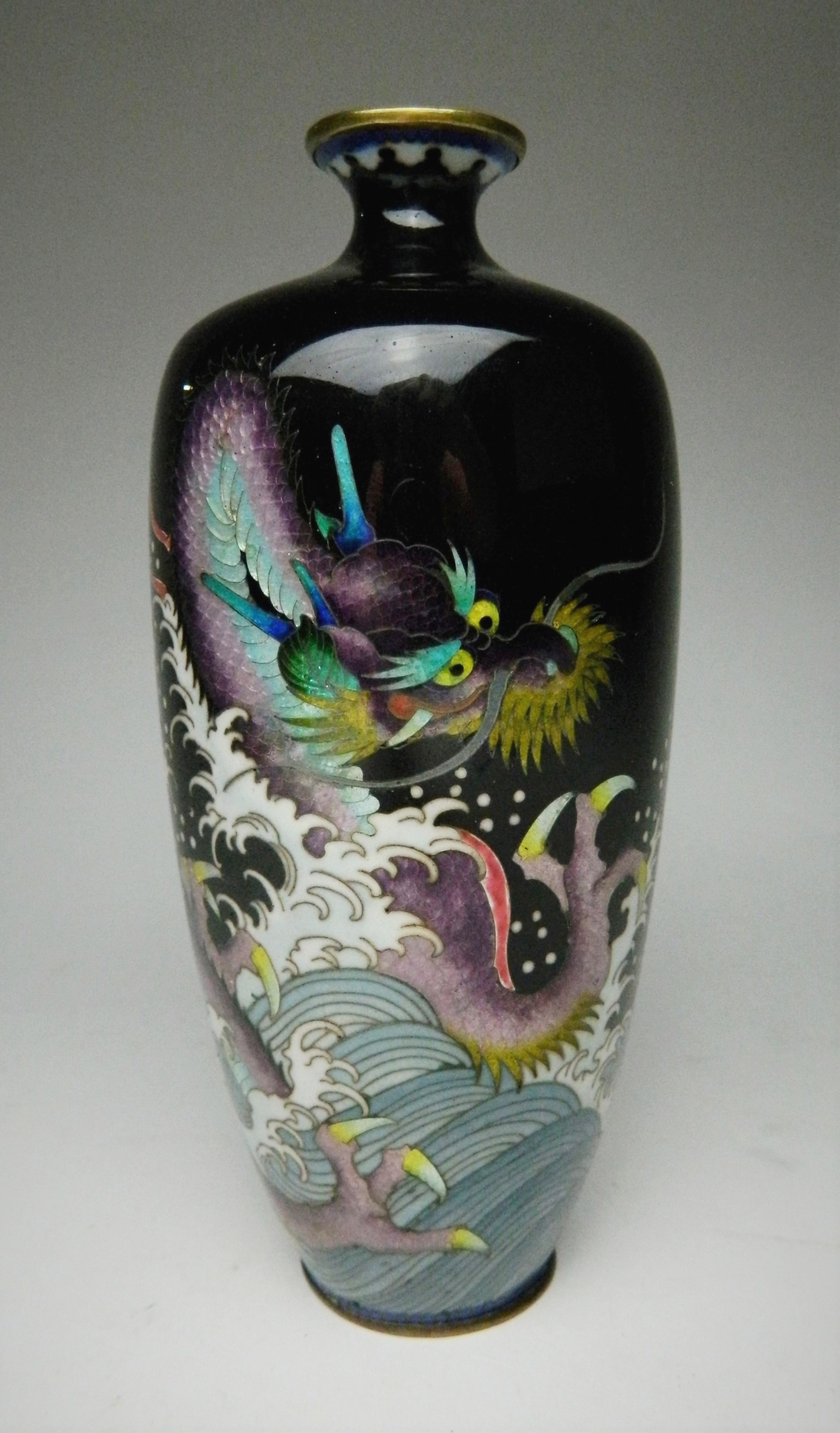 Appraisal: Japanese cloisonne vase- dragon and waves motif on black ground