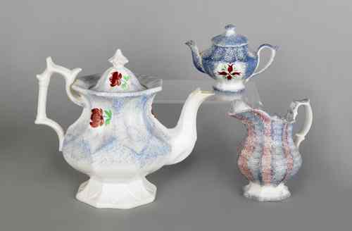 Appraisal: Blue spatter teapot with a rose th c together with