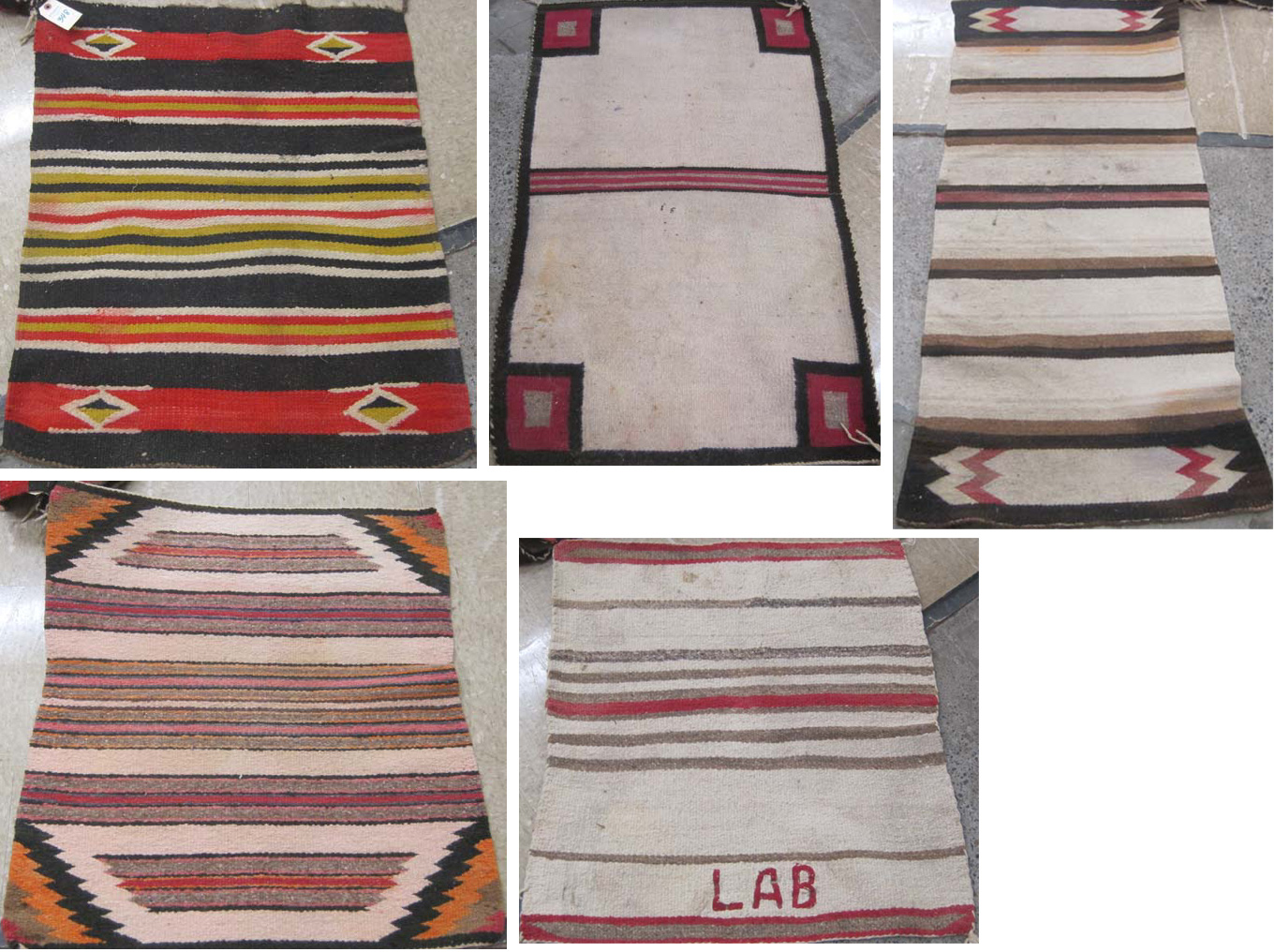 Appraisal: FIVE NAVAJO INDIAN WEAVINGS all saddle blankets various sizes from