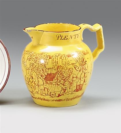 Appraisal: Canary yellow and sepia transferware pitcher th century Decorated with