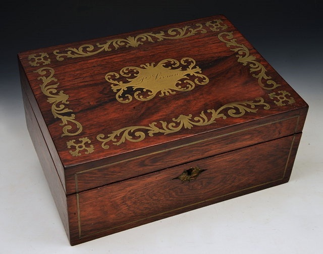 Appraisal: A TH CENTURY ROSEWOOD AND BRASS INLAID WORK BOX with