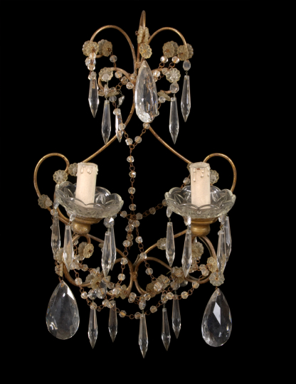 Appraisal: Pair of Continental Gilded Wrought-Iron Lyriform Two-Light Appliques first quarter