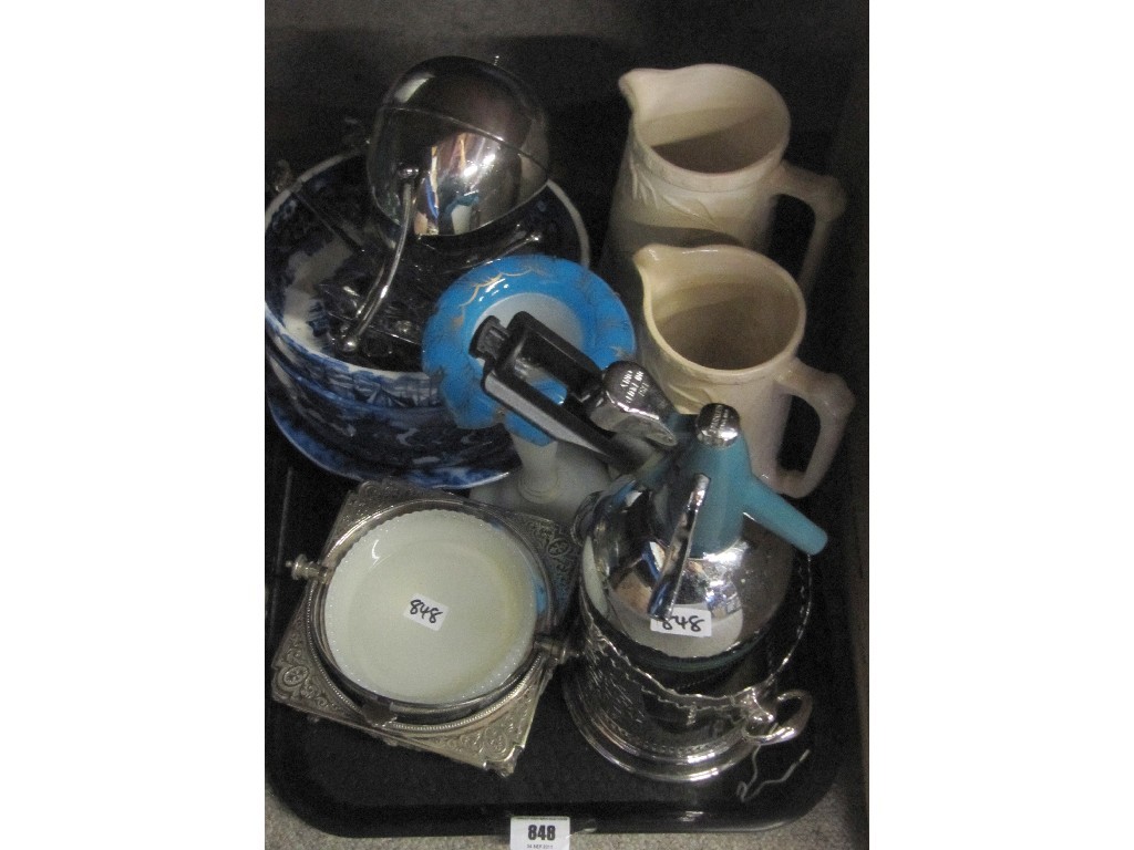 Appraisal: Tray lot to include glass lustre assorted ceramics soda siphon