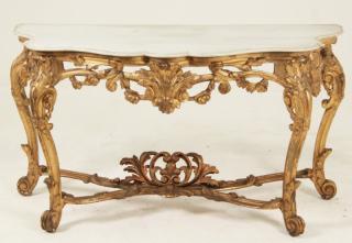 Appraisal: LOUIS XV CARVED GILTWOOD CONSOLE TABLE ALONG WITH LATER REPLACEMENT