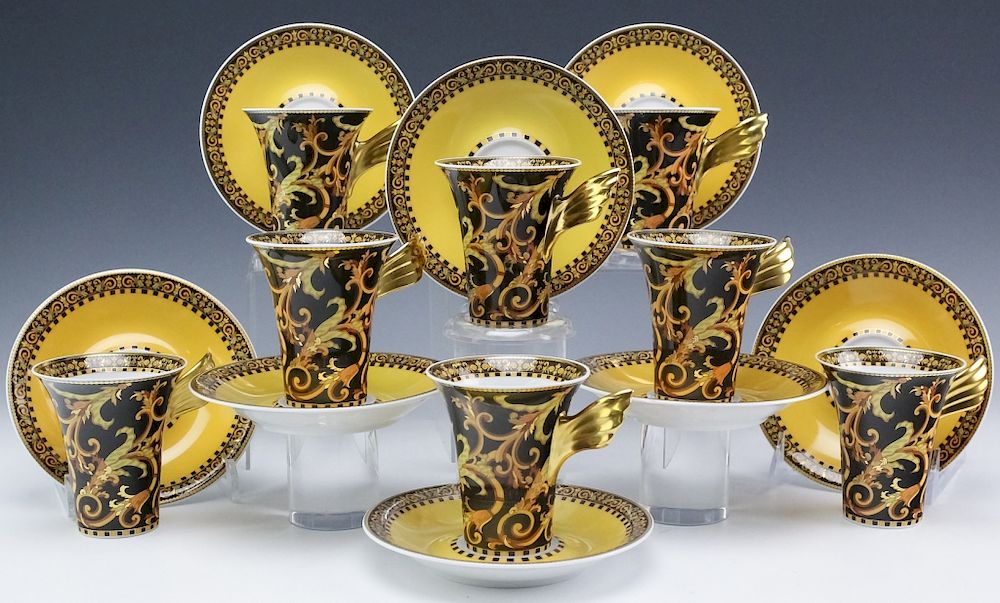 Appraisal: Versace Barocco Rosenthal China Cup Saucers Sixteen piece flat tea